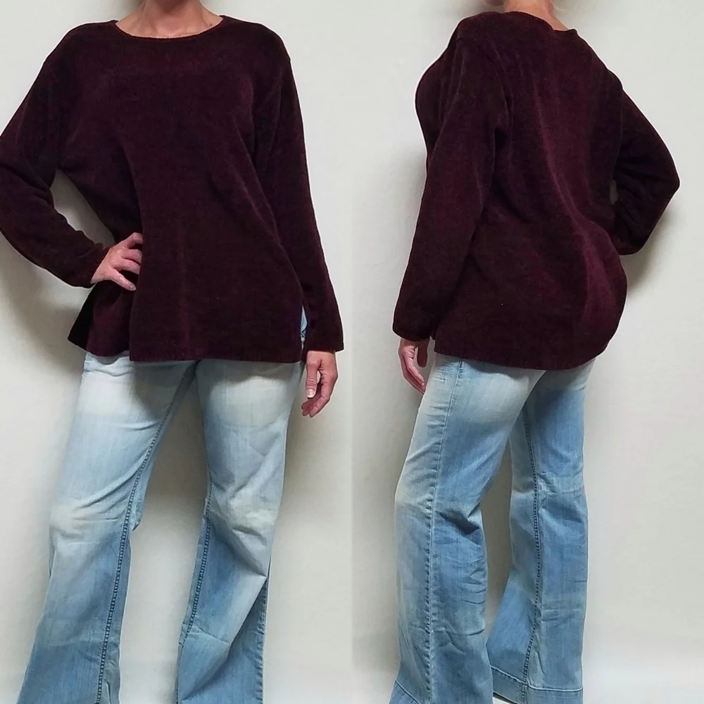 Vintage 90s Carolina Colours Deep Red Chenille Knit Long Sleeve Crewneck Sweater